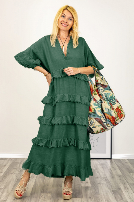 Rochie oversize din in si bumbac cu volane aplicate, verde inchis