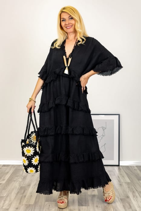 Rochie oversize din in si bumbac cu volane aplicate, neagra