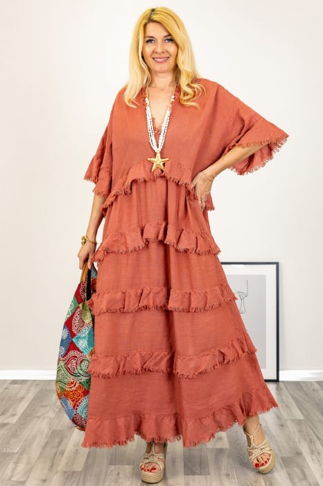 Rochie oversize din in si bumbac cu volane aplicate, caramizie