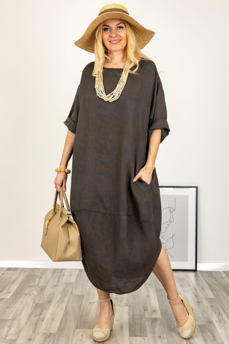 Rochie oversize lalea, din in maron ciocolata