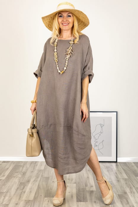 Rochie oversize lalea, din in bej inchis