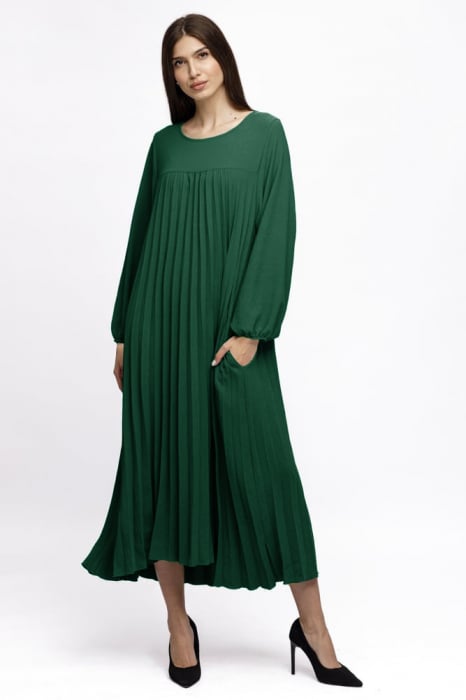 Rochie plisata A-line cu maneca lunga cu elastic, verde inchis