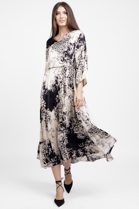 Rochie lunga A-line din satin, cu volane laterale si imprimeu floral bej-negru