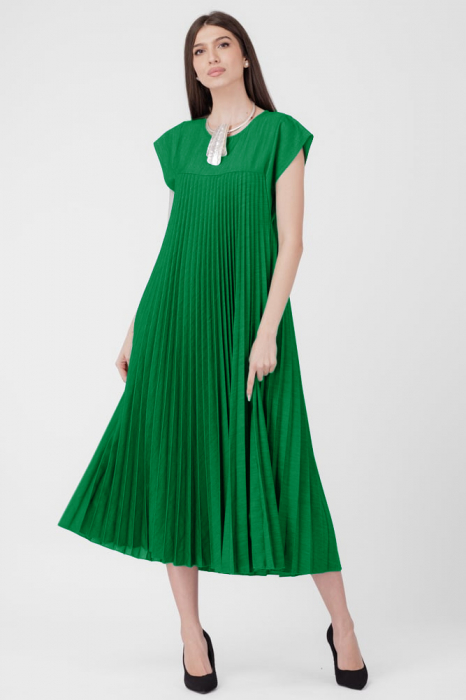 Rochie plisata A-line lunga, material fin si usor creponat, verde