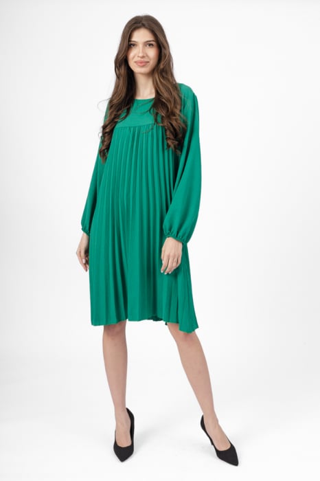 Rochie plisata midi, A-line cu maneca lunga cu elastic, verde