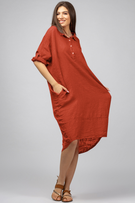 Rochie caramizie din in Stella Milani cu inel metalic pe spate