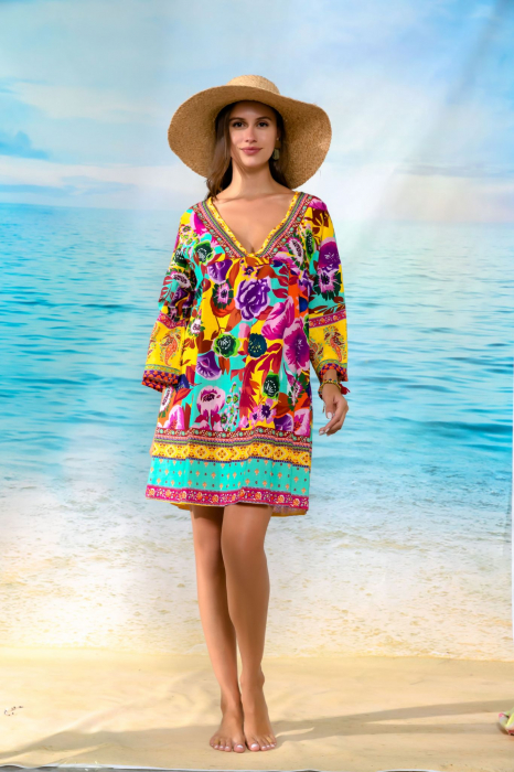 Rochie scurta de plaja din vascoza si bumbac, cu imprimeu floral multicolor