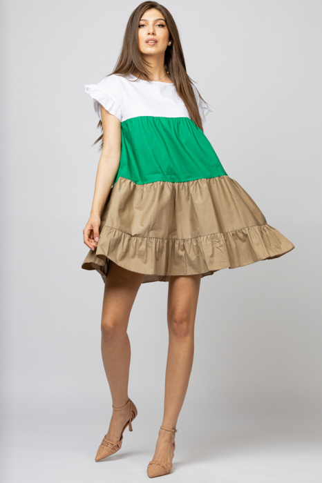 Rochie din poplin cu volane colorate bej - verde - alb