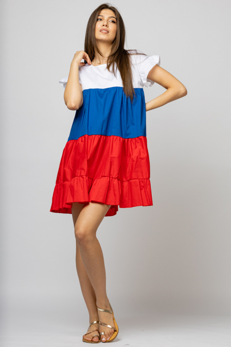 Rochie din poplin cu volane colorate rosu - albastru - alb