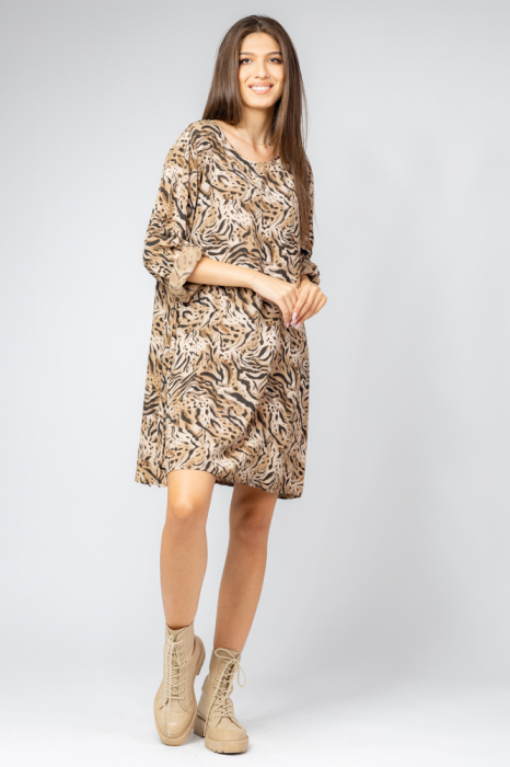 Rochie scurta din vascoza cu imprimeu animal print, bej