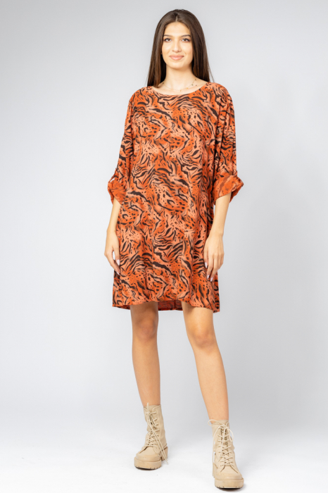 Rochie scurta din vascoza cu imprimeu animal print, caramiziu