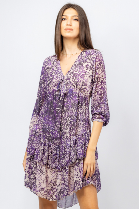 Rochie scurta din voal cu imprimeu floral pe fond mov