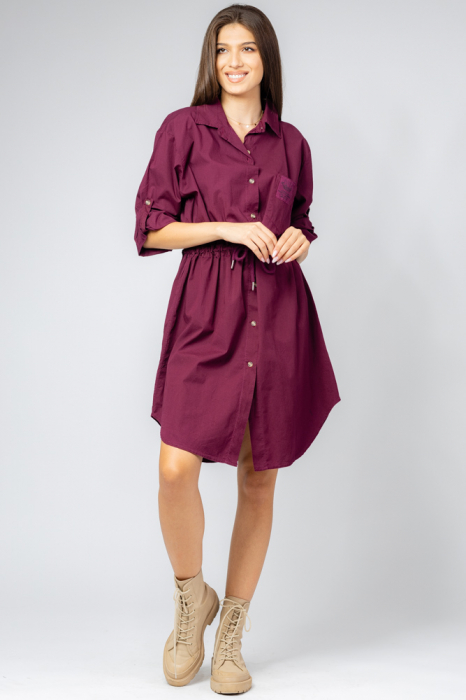 Rochie scurta tip camasa, din bumbac, cu siret in talie, bordo