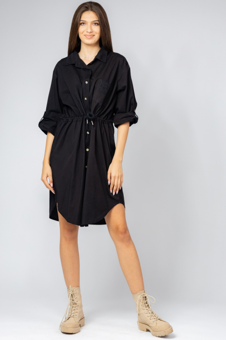Rochie scurta tip camasa, din bumbac, cu siret in talie, neagra