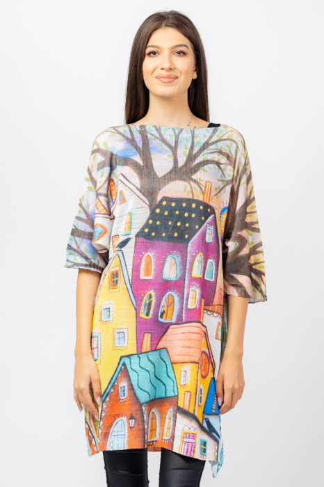 Rochie scurta tricotata cu maneca fluture si imprimeu casute colorate