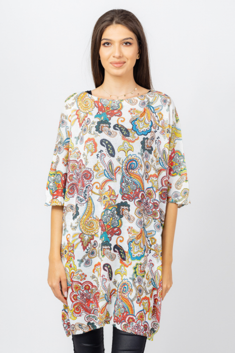 Rochie scurta tricotata cu maneca fluture si imprimeu arabesque si flori