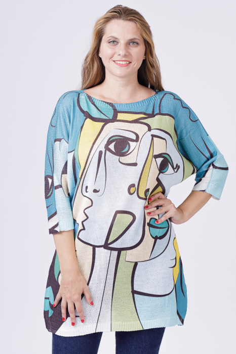 Rochie scurta tricotata cu maneca fluture si imprimeu stil Picasso pe fond turcoaz fluture imagine noua 2022