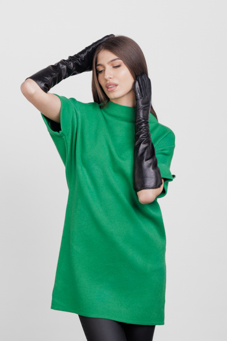 Rochie scurta tricotata, cu maneca scurta si nasture, din vascoza, verde [5]