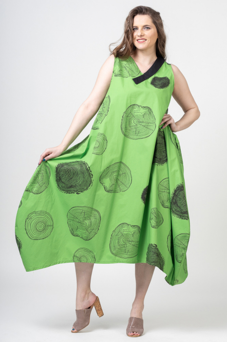 Rochie lunga in colturi, verde, din poplin satinat, cu imprimeu grafic