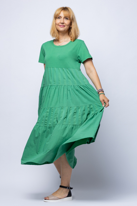 Rochie stella milani lunga, verde, cu volane, din bumbac