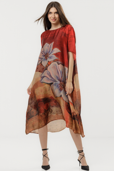 Rochie bordo eleganta satinata A-line cu croiala lejera si imprimeu floral