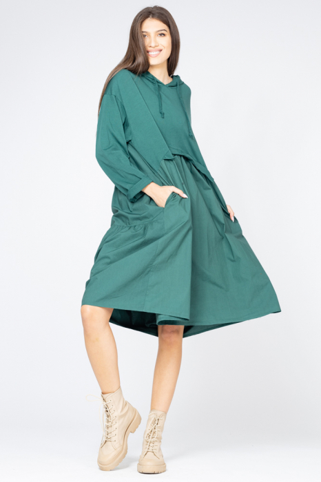 Rochie verde din bumbac, cu gluga