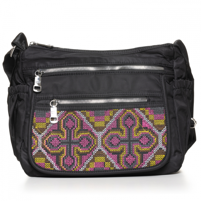 Geanta neagra din fas imprimat cu model traditional cu mov si galben