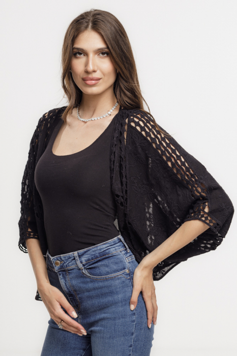 Cardigan lejer din bumbac, cu broderie sparta tip dantela, negru