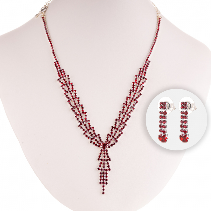 Set elegant colier la baza gatului si cercei, argintiu, cu strasuri rosii