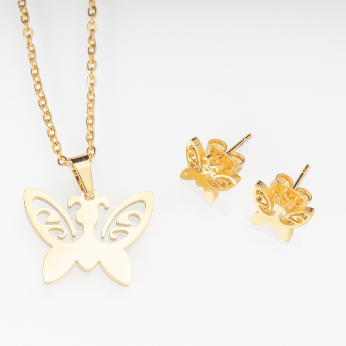 Set metalic auriu format din colier si cercei cu forma fluture auriu imagine noua 2022