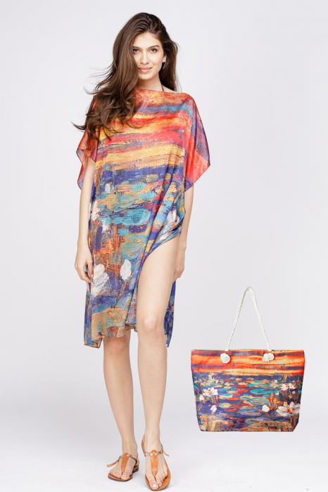Set rochie tip poncho din matase si geanta mare de vara