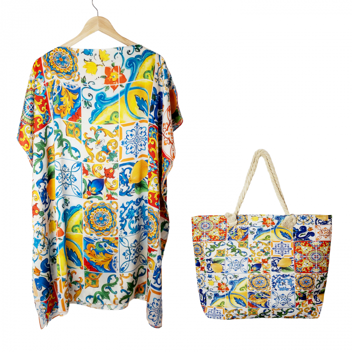 Set rochie tip poncho din matase si geanta mare de vara cu model marocan cu lamai in culori vibrante