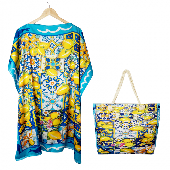 Set rochie tip poncho din matase si geanta mare de vara cu model mediteranean cu lamai pe alb, galben si albastru