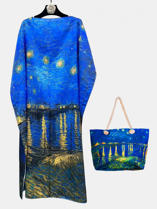 Set rochie tip poncho din matase si geanta mare de vara, reproducere dupa    Noapte Instelata deasupra Rhonului   de Claude Monet