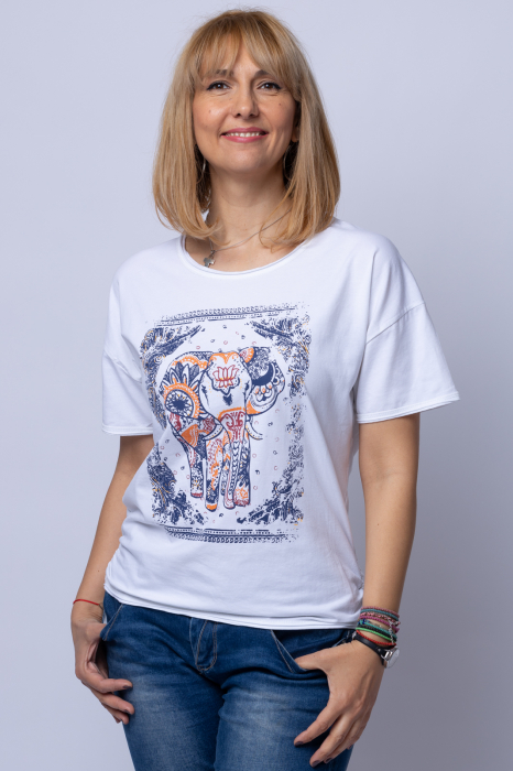 Tricou alb cu imprimeu elefant, din bumbac