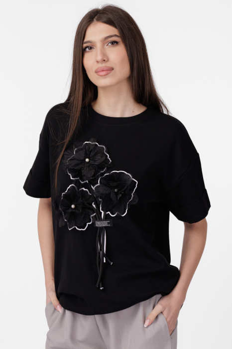 Tricou negru din bumbac cu aplicatii flori tulle