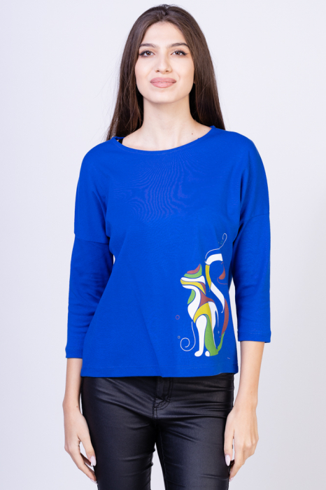 Tricou albatru electric cu imprimeu pisica colorata