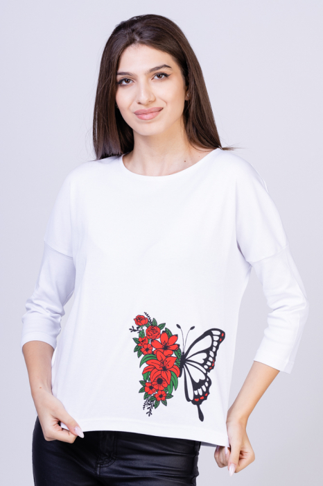 Tricou alb din bumbac, cu maneci 3 4 si imprimeu fluture shopika imagine noua 2022