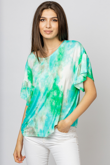 Tricou cu maneca volan asian dye pe fond verde