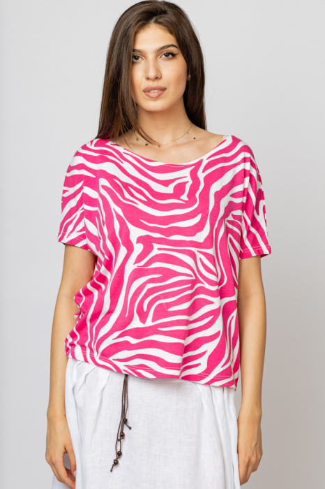 Tricou din vascoza cu imprimeu alb – roz shopika imagine noua 2022