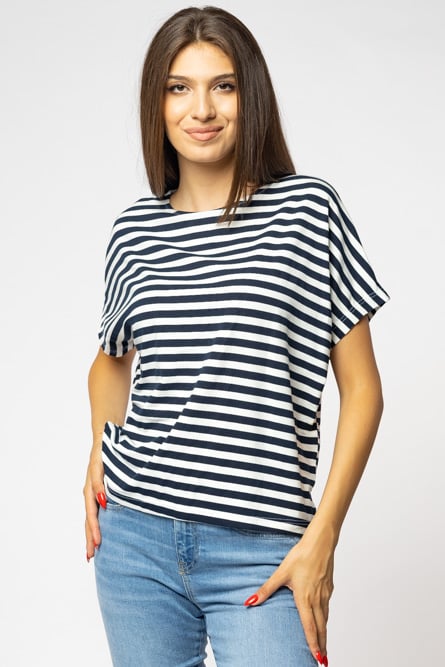 Tricou din vascoza cu imprimeu marinar alb-bleumarin shopika imagine noua 2022