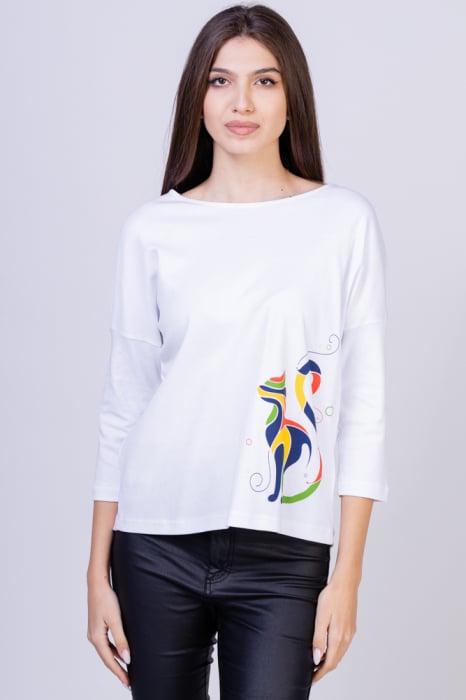 Tricou alb cu imprimeu pisica colorata alb imagine noua 2022