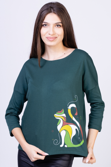 Tricou verde inchis cu imprimeu pisica colorata colorată imagine noua 2022
