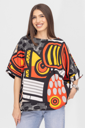Bluze Casual - Bluza lalea oversize din poplin satinat de bumbac cu imprimeu geometric multicolor