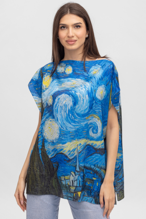Îmbrăcăminte - Bluza de vara tip poncho din matase cu reproducere dupa "Noaptea Instelata" de Van Gogh