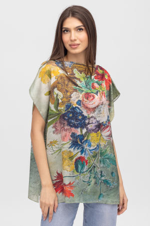 Îmbrăcăminte - Bluza de vara tip poncho din matase cu imprimeu floral