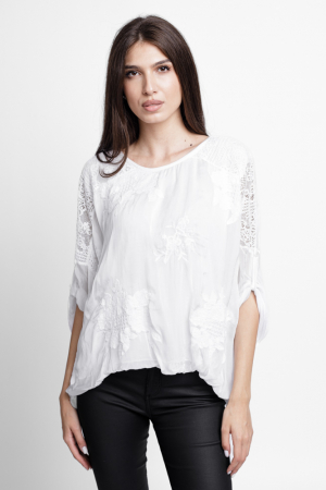 Bluze din Mătase si Vâscoză - Bluza din matase si vascoza brodata, cu dantela pe spate, alba