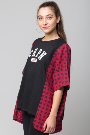 Tricouri Mânecă Scurtă - Bluza oversize neagra cu ecosez rosu, din bumbac