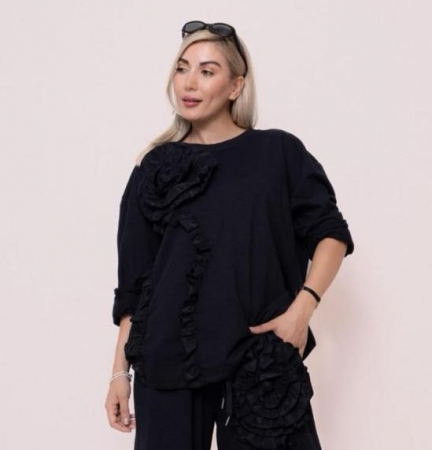 Bluze Casual - Bluza oversize neagra din jerseu cu aplicatie boboc