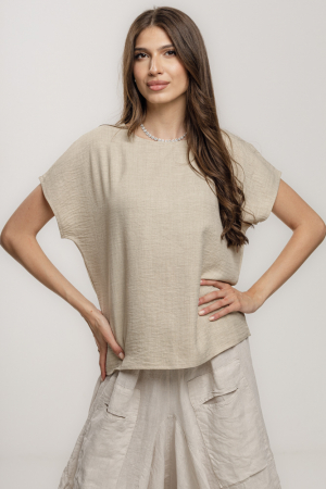 Bluze & Cămăși & Tricouri - Bluza bej lejera din vascoza cu in, usor creponata, cu maneca cazuta scurta